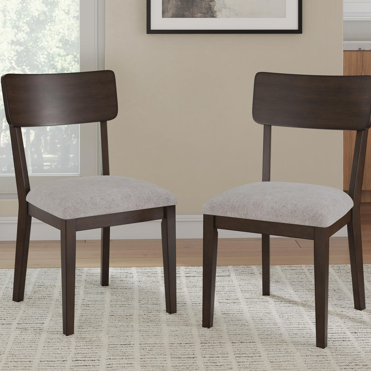 Set of 2 upholstered dining chairs with dark brown backrests and beige seats