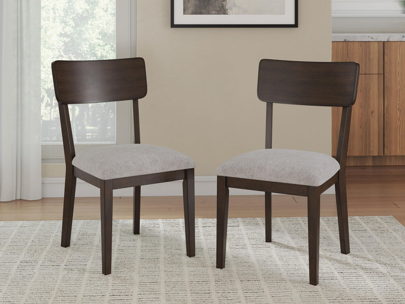 Set of 2 upholstered dining chairs with dark brown backrests and beige seats