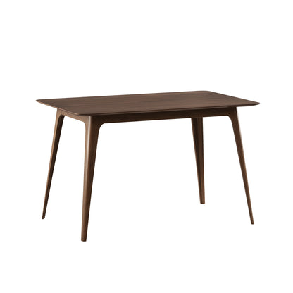 Dark brown dining table with tapered legs and smooth rectangular top