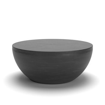 Black round coffee table with a low, bowl-shaped base and flat top