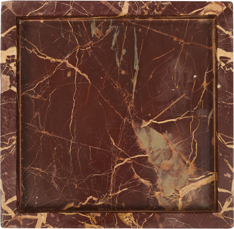 Dark red and gold marble tray with intricate vein pattern and polished finish.