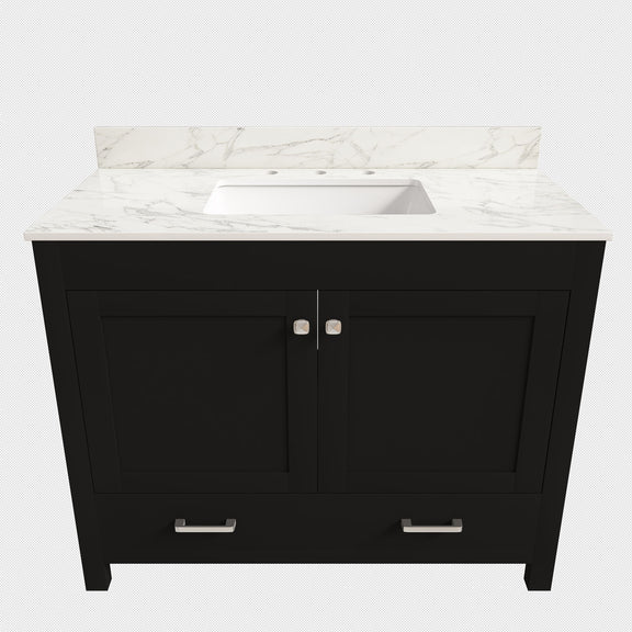Black bathroom vanity cabinet with white marble-look top and sink cutout, faucet holes included