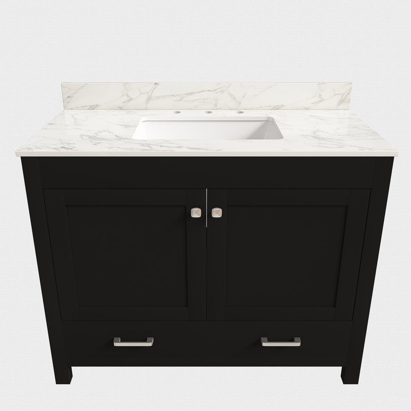 Black bathroom vanity cabinet with white marble-look top and sink cutout, faucet holes included