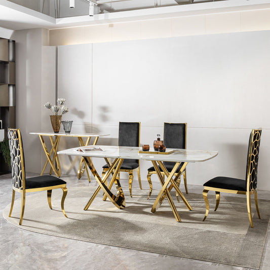Marble Pattern Dining Table With Stainless Steel Base, Rectangular, Seats 6 Or 8 - Gold