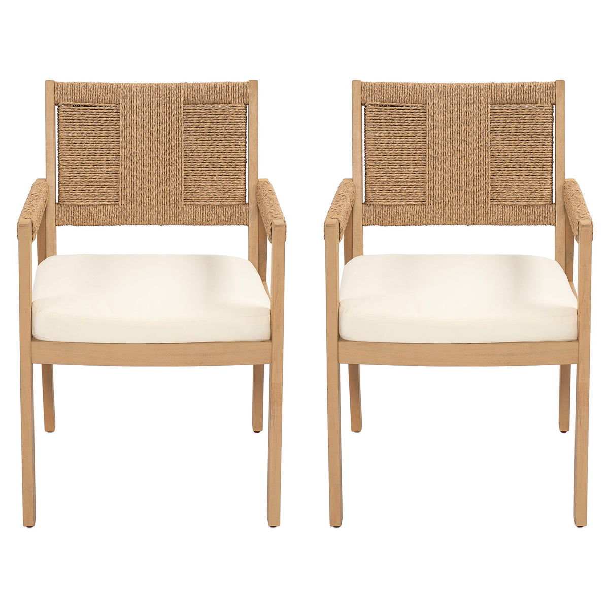 Outdoor Arm Dining Chairs, Frame With Hand Woven Wicker Back (Set of 2) - Cream / Light Teak / Natural