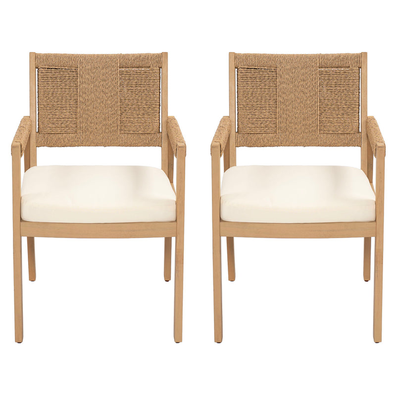 Outdoor Arm Dining Chairs, Frame With Hand Woven Wicker Back (Set of 2) - Cream / Light Teak / Natural