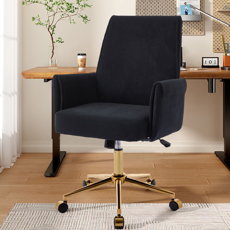 Black upholstered mid-back office chair with curved armrests and gold base