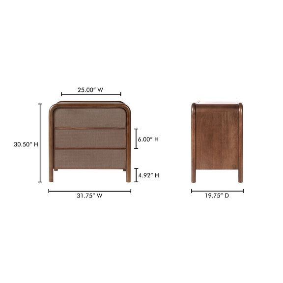 Warm brown 3-drawer nightstand with gray woven fronts; front and side views
