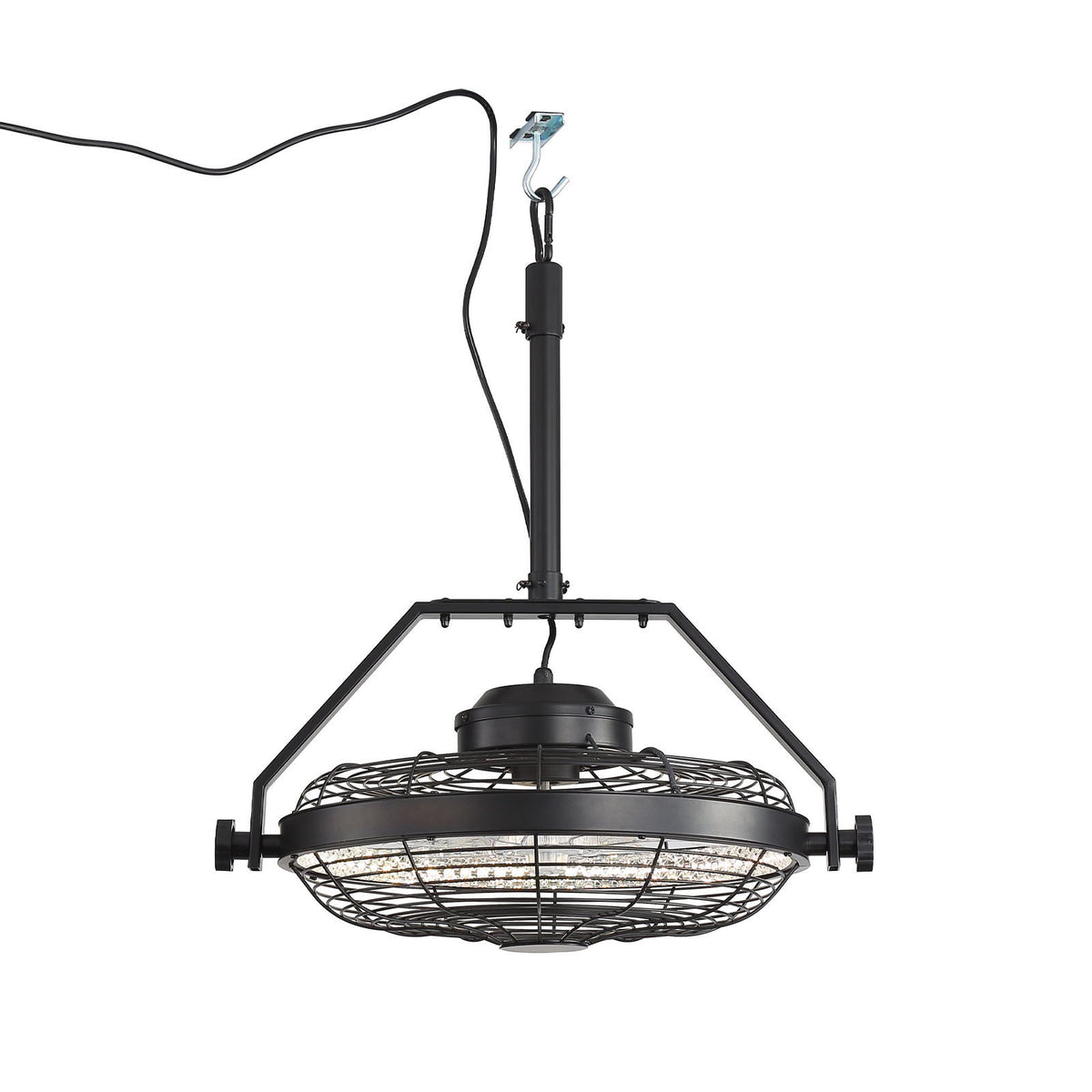 Matte black outdoor ceiling fan light with wire cage and hanging mounting rod