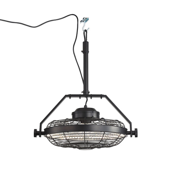 Matte black outdoor ceiling fan light with wire cage and hanging mounting rod
