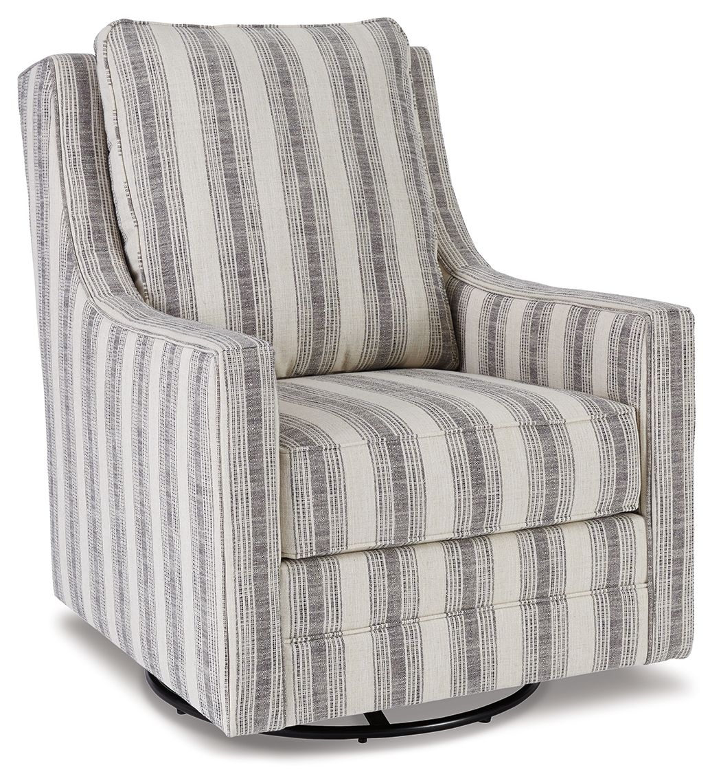 Striped accent swivel glider chair with cushioned arms and seat, dark legs base