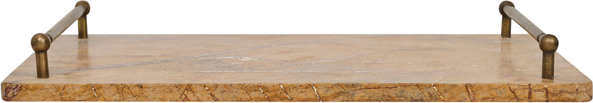 Marble serving tray with warm brown veining and corner posts, side view
