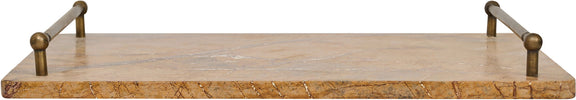 Marble serving tray with warm brown veining and corner posts, side view