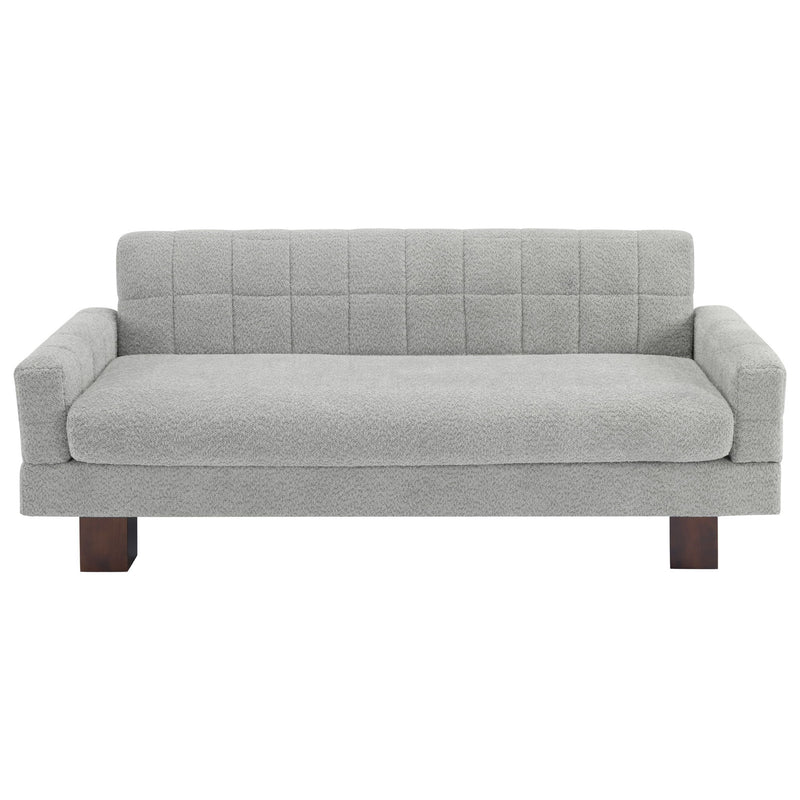 Two-seater loveseat sofa, light gray upholstery, tufted back and square arms