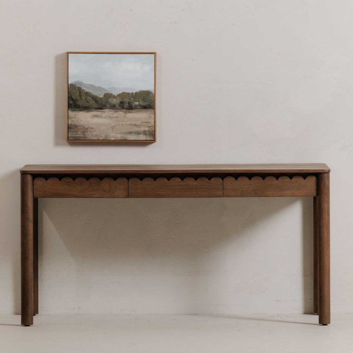 Vintage-brown desk front with scalloped apron and two panel drawers