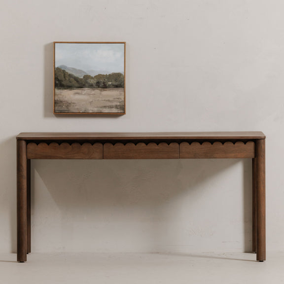 Vintage-brown desk front with scalloped apron and two panel drawers