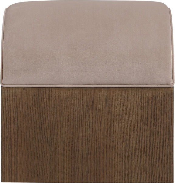 Beige velvet upholstered bench cushion with dark wood base and rounded edges