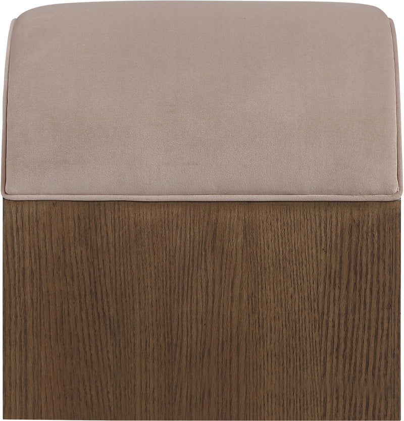 Beige velvet upholstered bench cushion with dark wood base and rounded edges