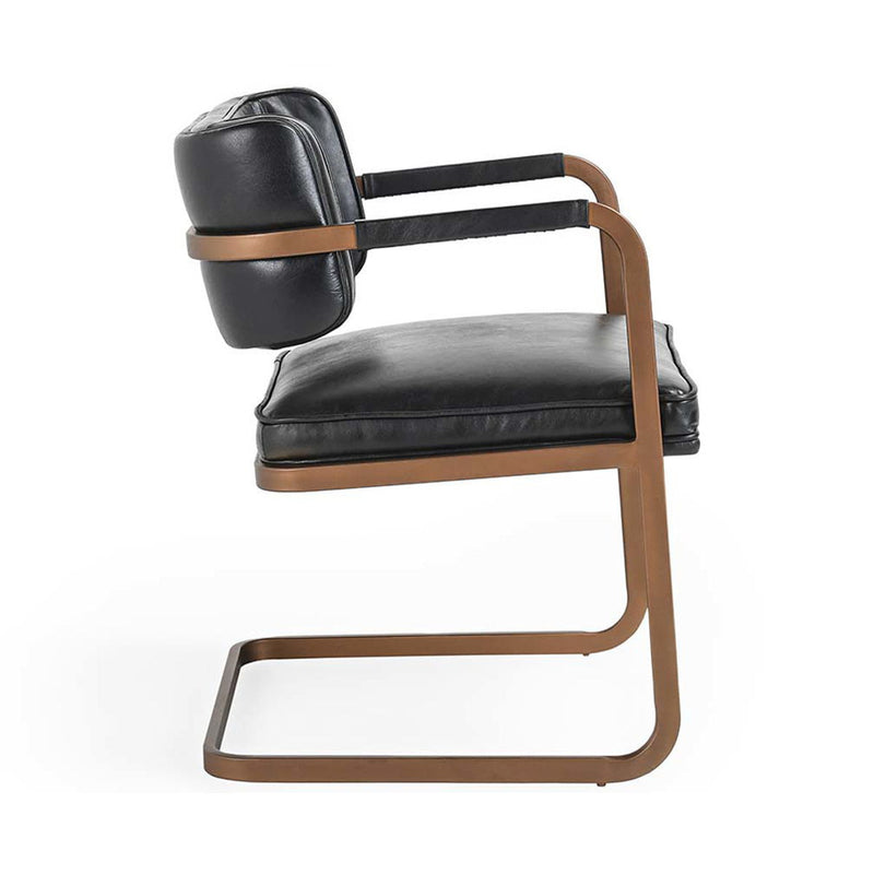 Black upholstered dining chair with padded seat and headrest, curved wood-tone base.