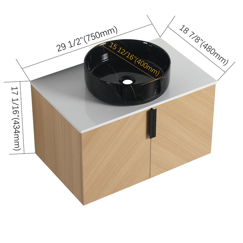 Compact wall-mounted vanity with black vessel sink and white countertop with size markings