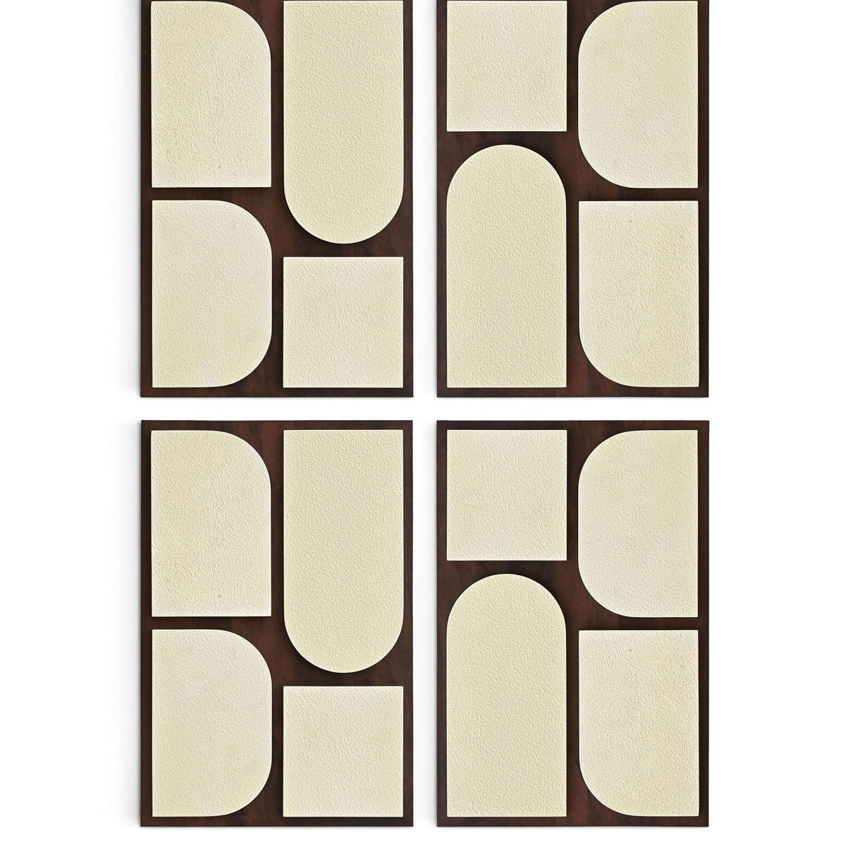 Set of 4 wood wall art panels with dark brown frame and cream abstract arch shapes