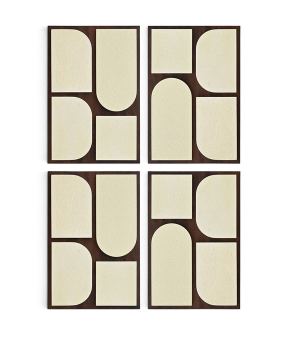 Set of 4 wood wall art panels with dark brown frame and cream abstract arch shapes