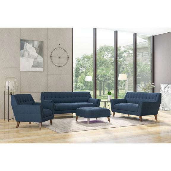 Blue fabric sofa with matching blue armchairs and tufted back and seats