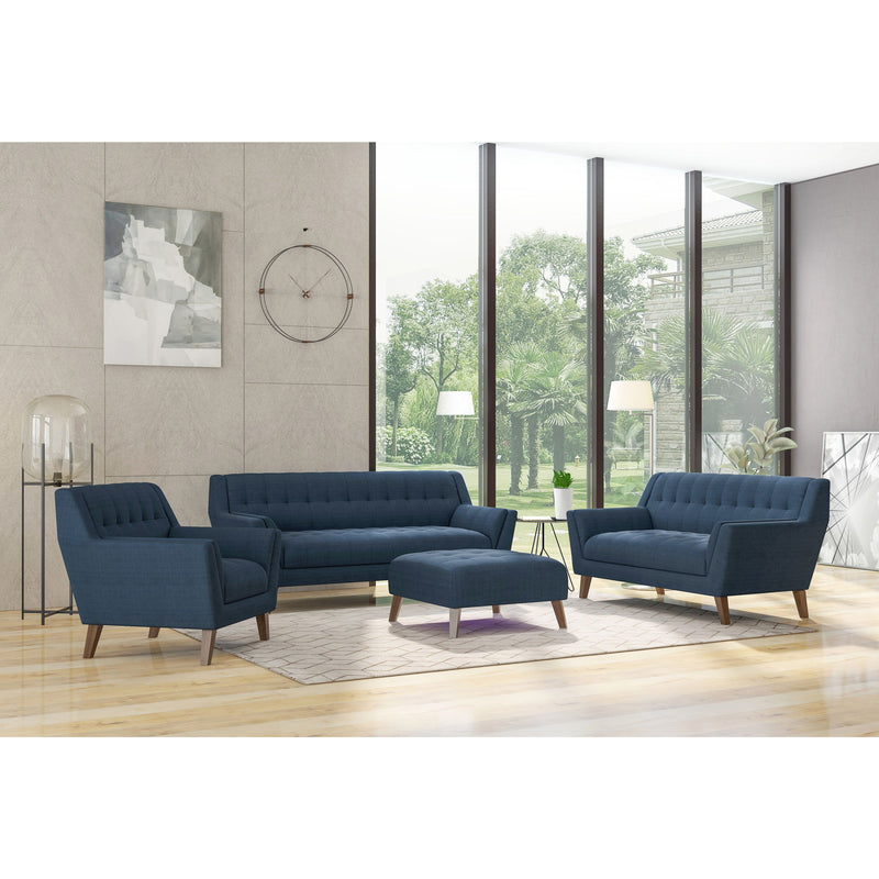 Blue fabric sofa with matching blue armchairs and tufted back and seats