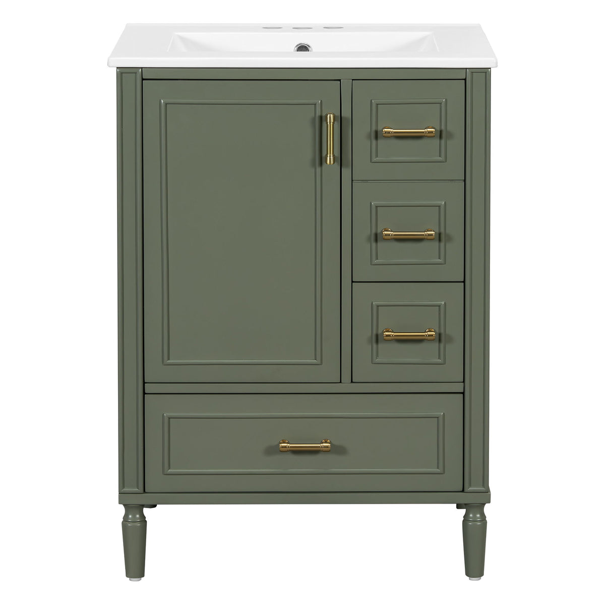 Dark green bathroom vanity with white sink top, 3 drawers, and brass bar handles
