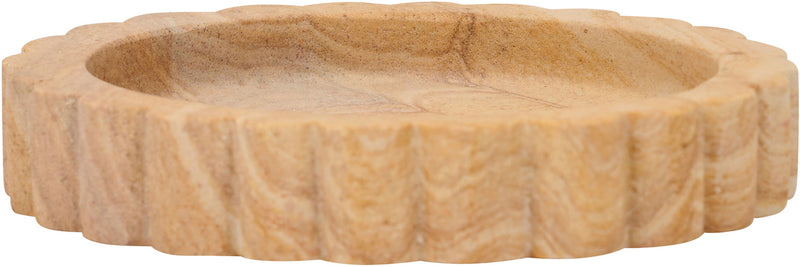 Sandstone tray side view with scalloped edge and shallow round basin in sand tone