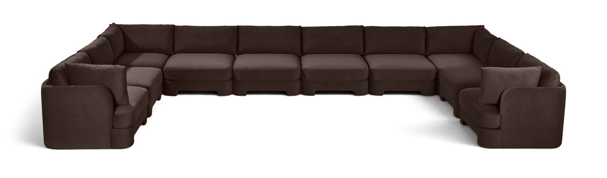10-piece velvet sectional sofa, dark brown modular L-shape with chaise and ottoman-style seats.