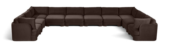 10-piece velvet sectional sofa, dark brown modular L-shape with chaise and ottoman-style seats.