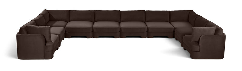 10-piece velvet sectional sofa, dark brown modular L-shape with chaise and ottoman-style seats.