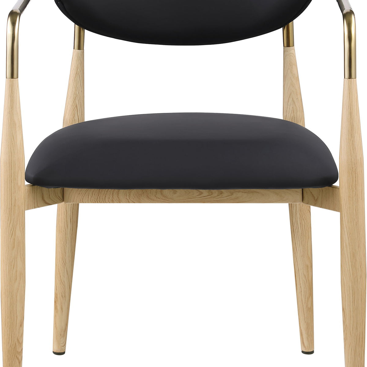 Dining arm chair with black upholstered seat and back, light wood legs, gold-tone arms
