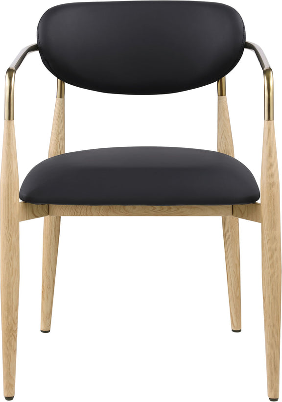 Dining arm chair with black upholstered seat and back, light wood legs, gold-tone arms