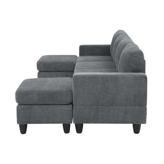 Dark gray sectional sofa with two ottomans and thick padded seat and back cushions
