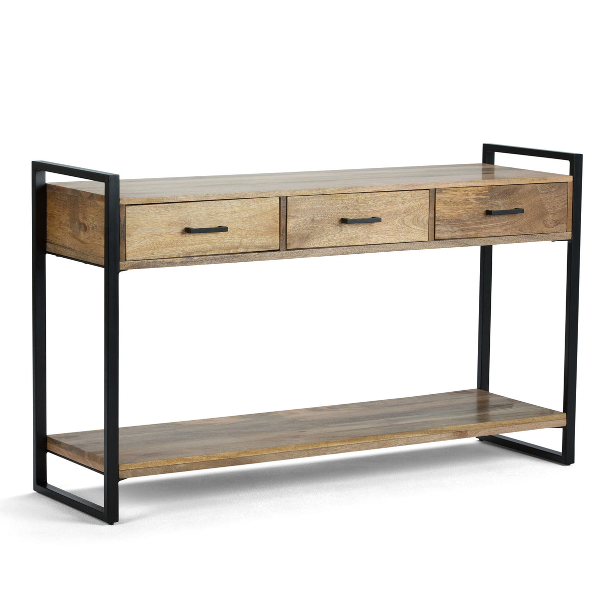 Light-brown console table with three drawers, black frame, and lower open shelf