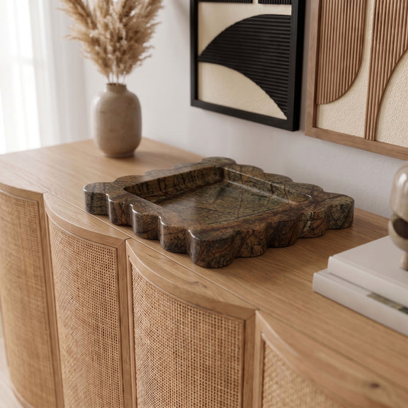 Greenish-brown genuine marble tray with scalloped sides and veined top