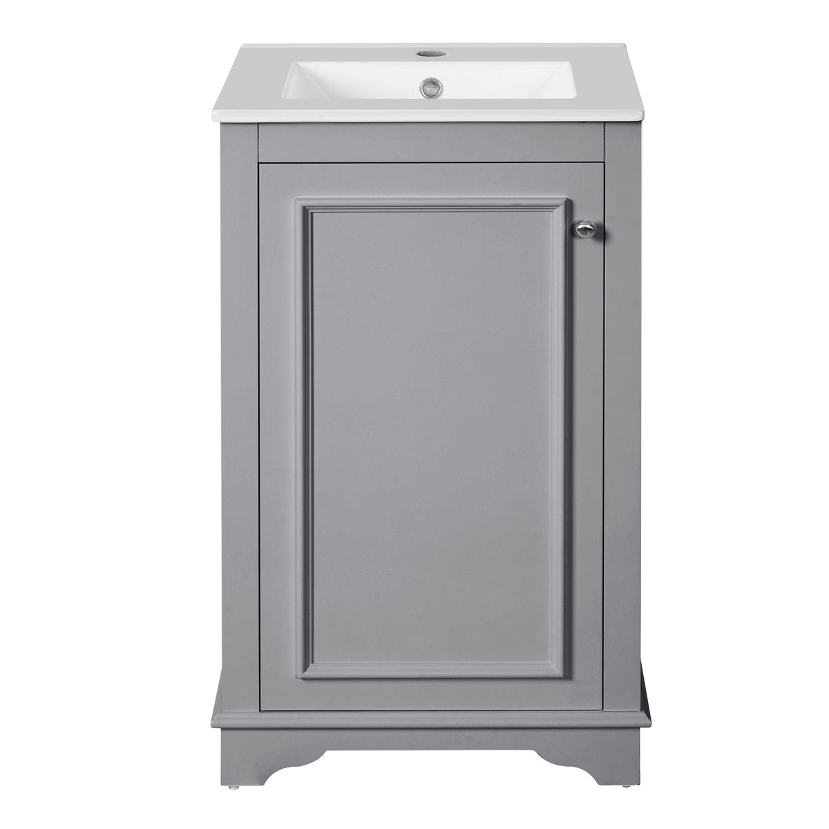 Freestanding bathroom vanity with sink, single light gray cabinet door, white top