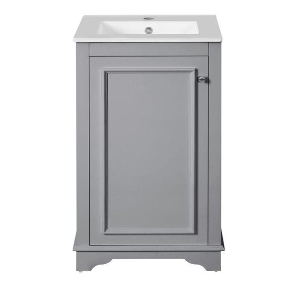 Freestanding bathroom vanity with sink, single light gray cabinet door, white top