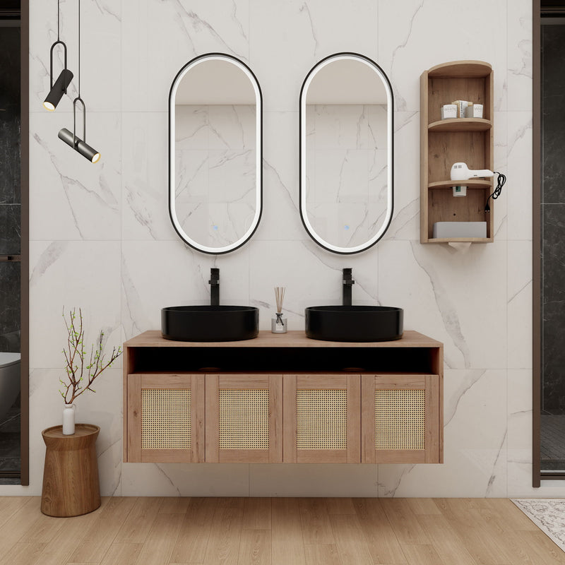 Bathroom vanity with two black vessel sinks, rattan cabinet doors, and corner wall storage shelf.