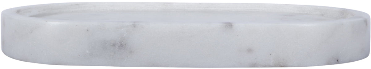 Light marble tray with raised rim, round shallow shape.