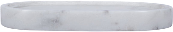 Light marble tray with raised rim, round shallow shape.
