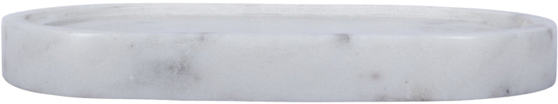 Light marble tray with raised rim, round shallow shape.