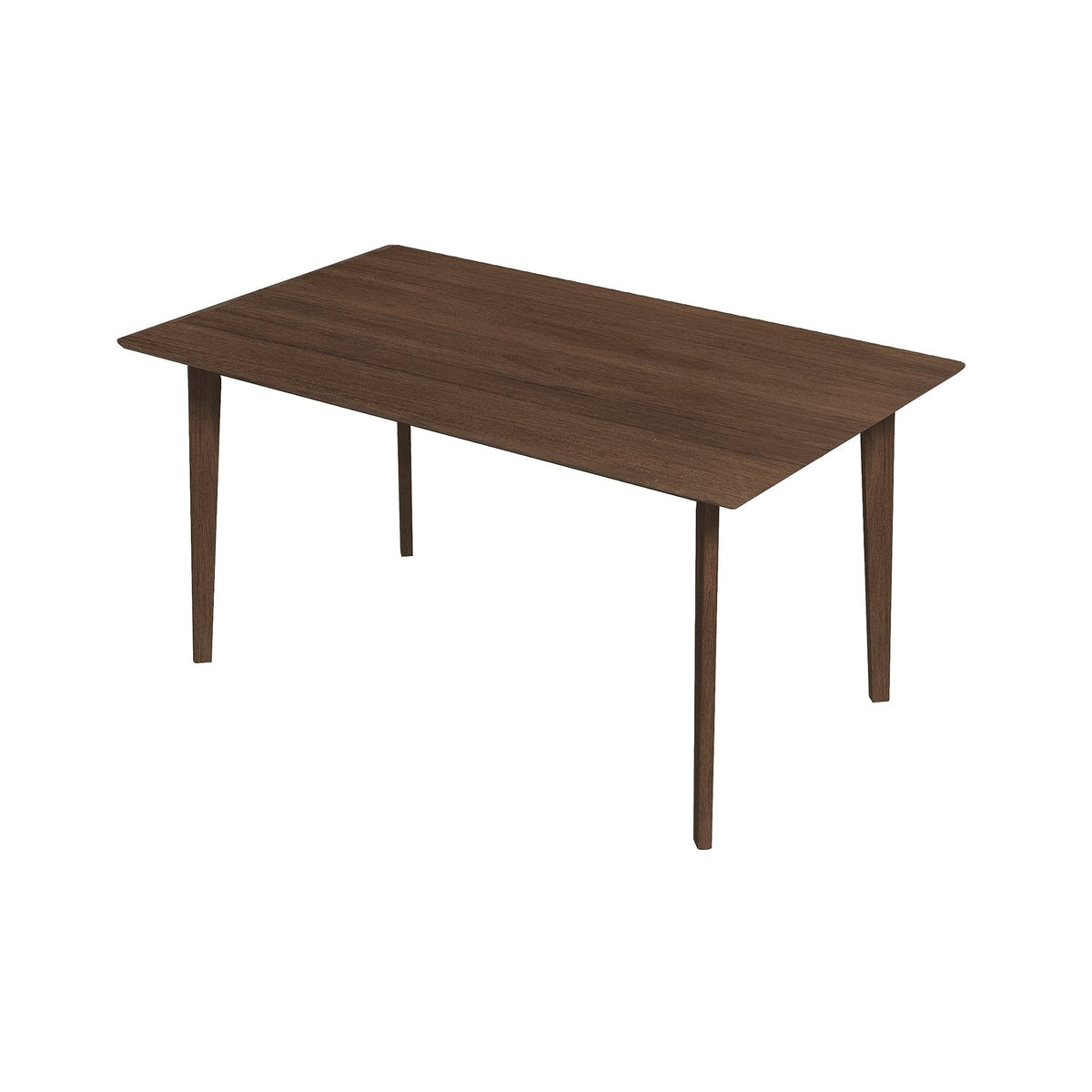 Dark brown rectangular dining table with four tapered legs and flat tabletop.