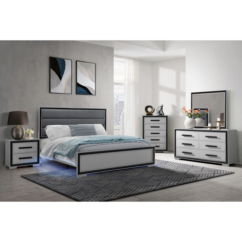 Gray nightstand with two drawers and black handles