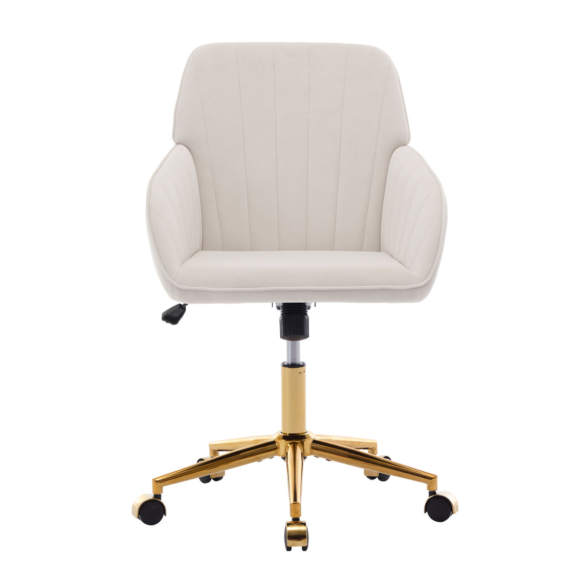 Light beige ergonomic office chair with quilted back, swivel base, casters