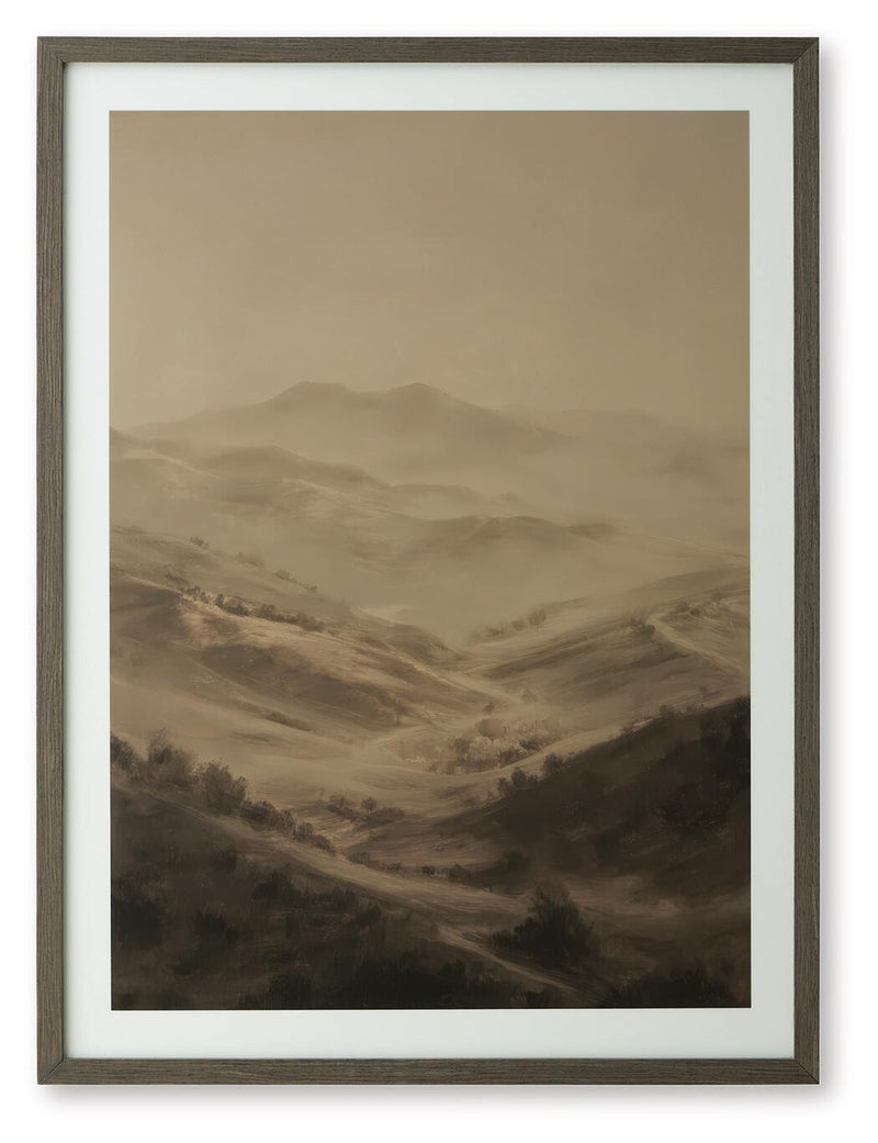 Framed landscape wall art with brown desert hills and soft sky gradient