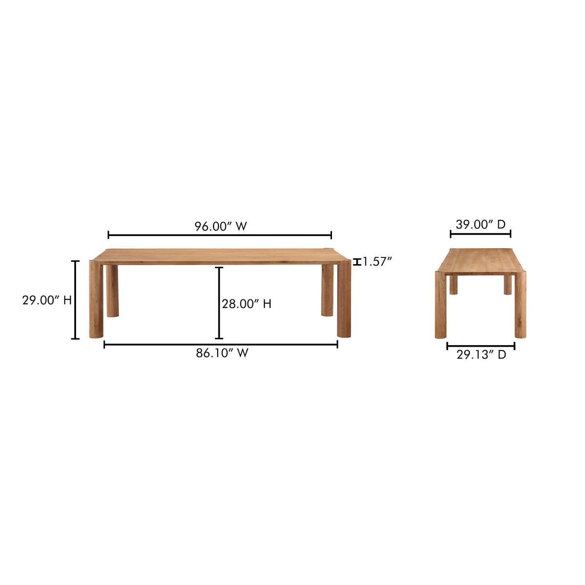 Large natural oak dining table with rectangular top; shown with width and height dimensions