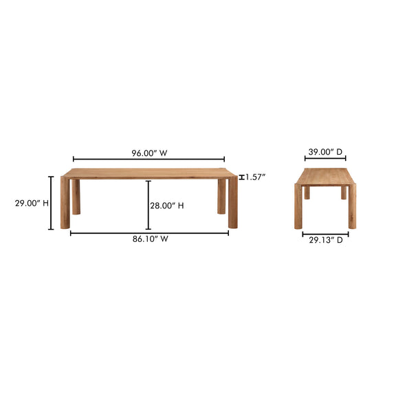 Large natural oak dining table with rectangular top; shown with width and height dimensions